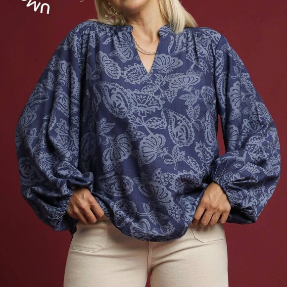 Umgee Tops - UMGEE Two Tone Abstract Print Blouse (New) - Navy